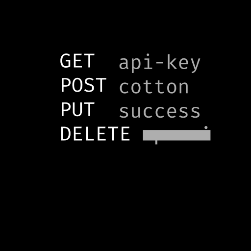 Four rows of white text on a black background reading 'GET api-key', 'POST Cotton', 'PUT success', 'DELETE ?'.