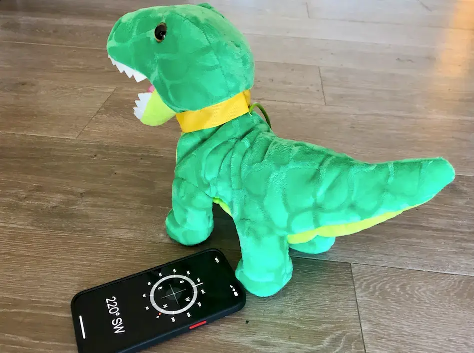 A picture of a toy next to a cell phone showing a compass.